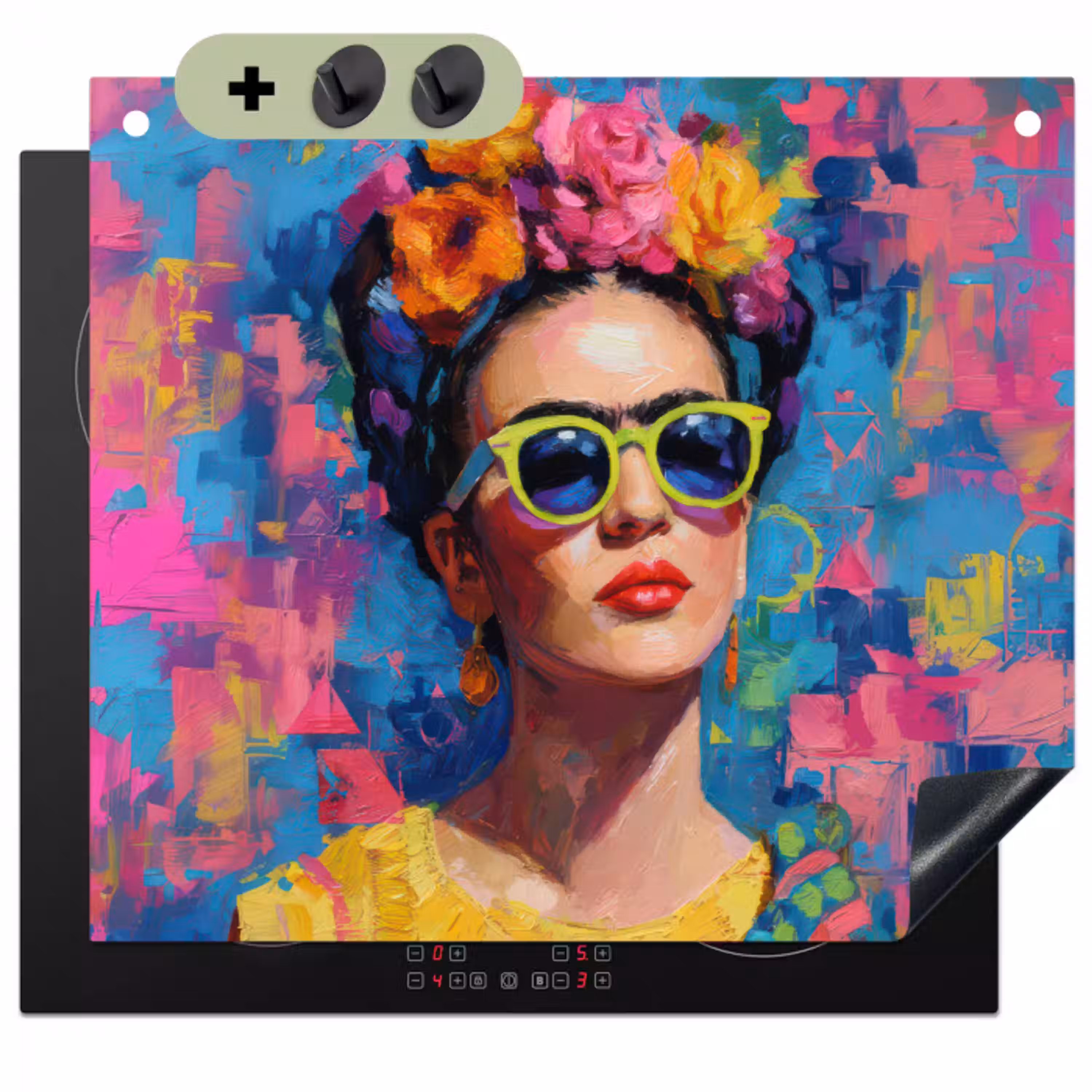 Vrolijk portret - Vrouw - Bloemenkroon Inductie beschemer met haakjes klein -3d