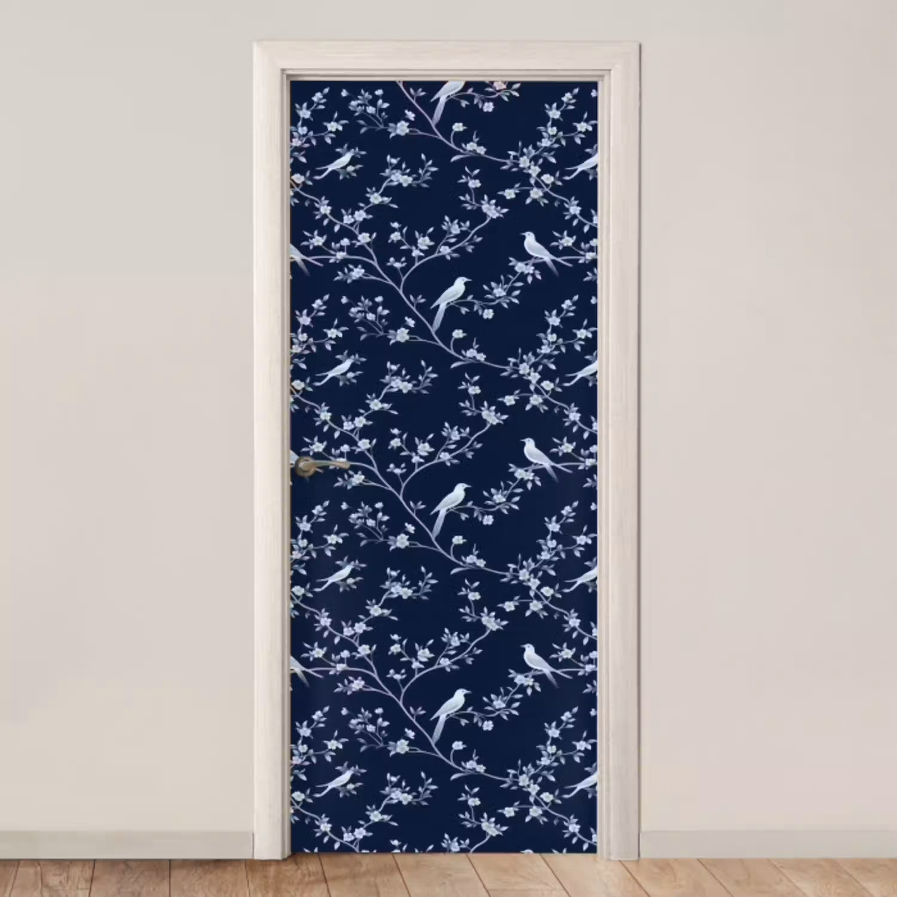 Grafisch - Bloesemtak - Blauw deurposter klein 289 -3d_beige
