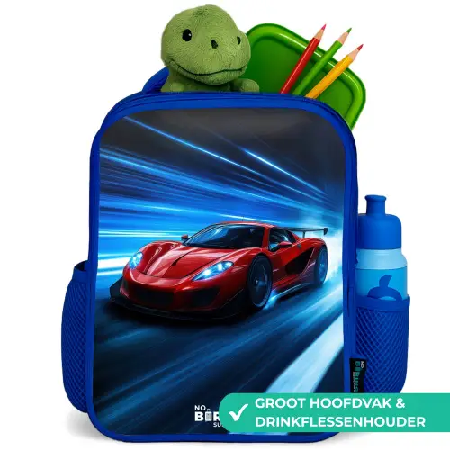 Rode racewagen in digitale snelheidswereld Kinderrugzak - Blauw middel -inhoud_NL