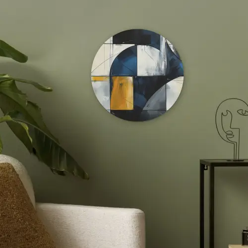 Abstract - Vormen - Goud - Blauw - Geometrisch Akoestische PET Vilt - Rond klein -sfeer2