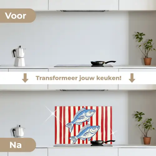 Vissen - Verticale strepen - Blauw - Rood keuken achterwand spatscherm klein -voor_na_NL