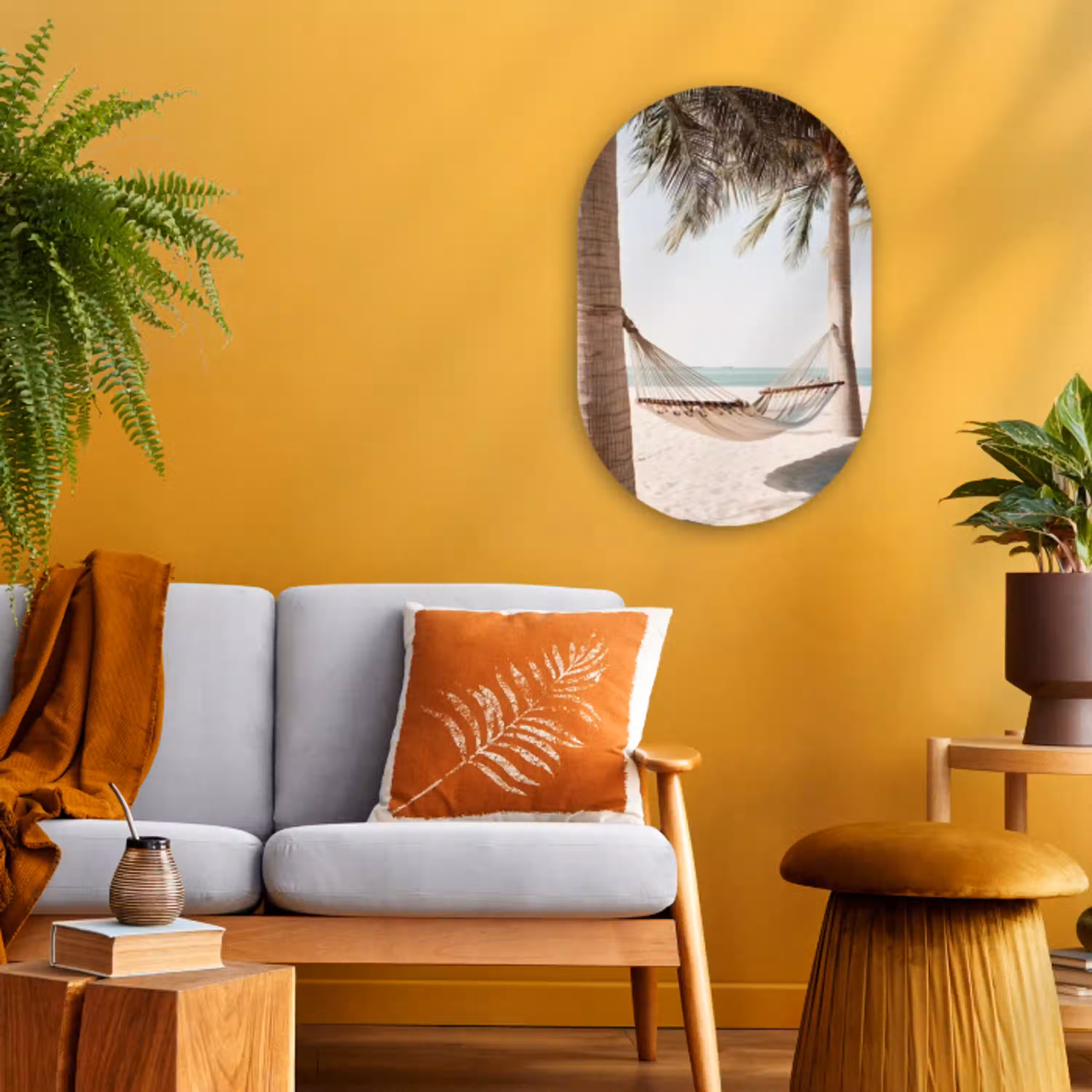 Hangmat - Palmbomen - Strand - Zee Wandcirkel Ovaal Forex klein -sfeer4