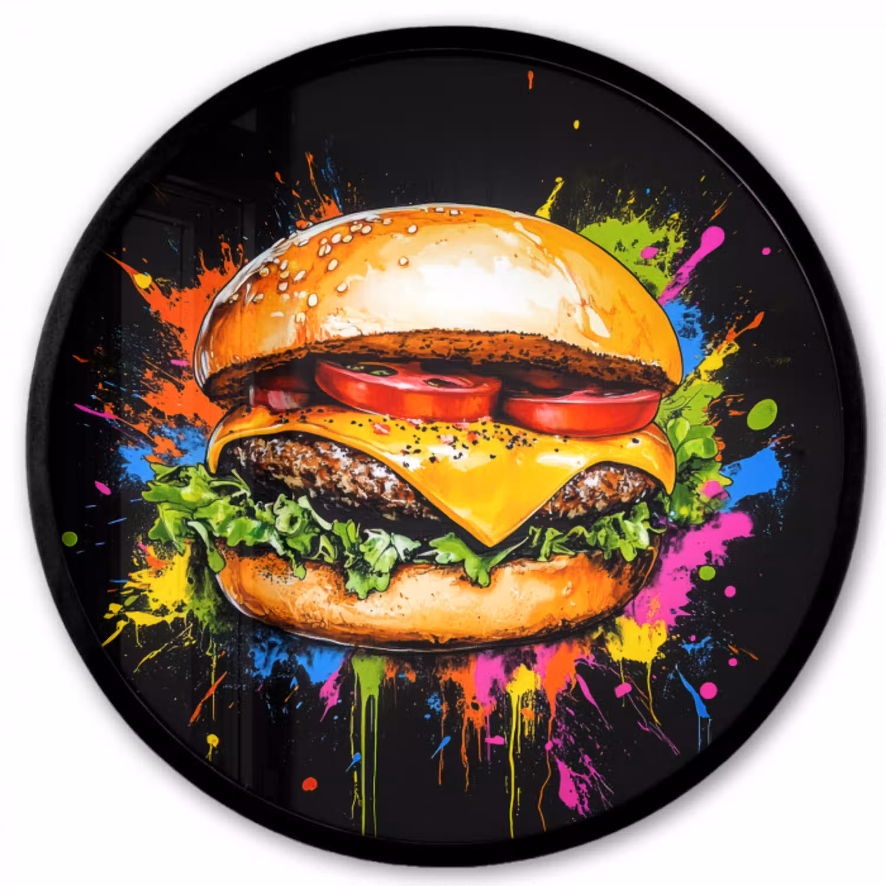 Hamburger - Graffiti - Verf - Kleurrijk - Eten - Abstract Fotolijst rond zonder passe partout klein -3d