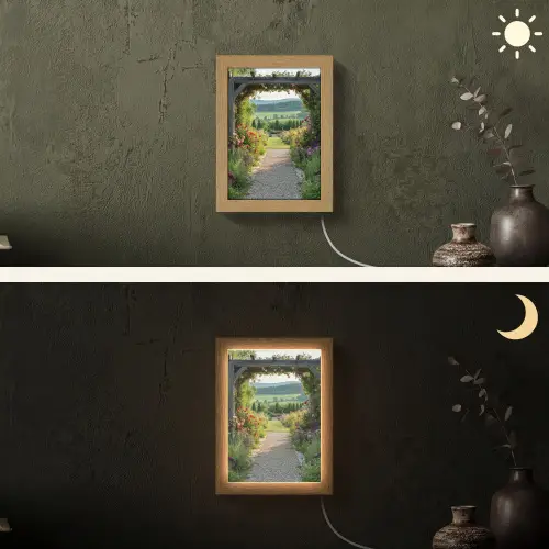 Doorkijk - Landschap - Natuur - Tuinboog - Bloemen Light Box met kabel (Wandlamp) klein -sfeer3