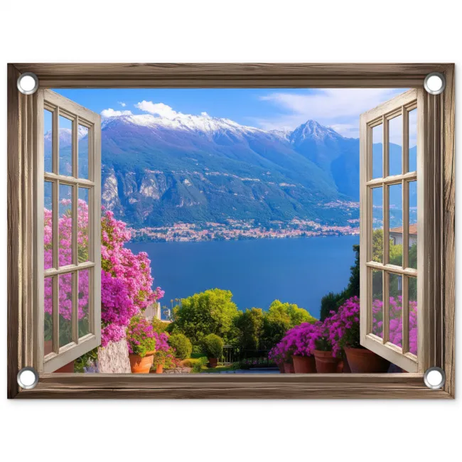 Doorkijk - Berg - Landschap - Uitzicht - Meer tuinposter los doek klein -3d