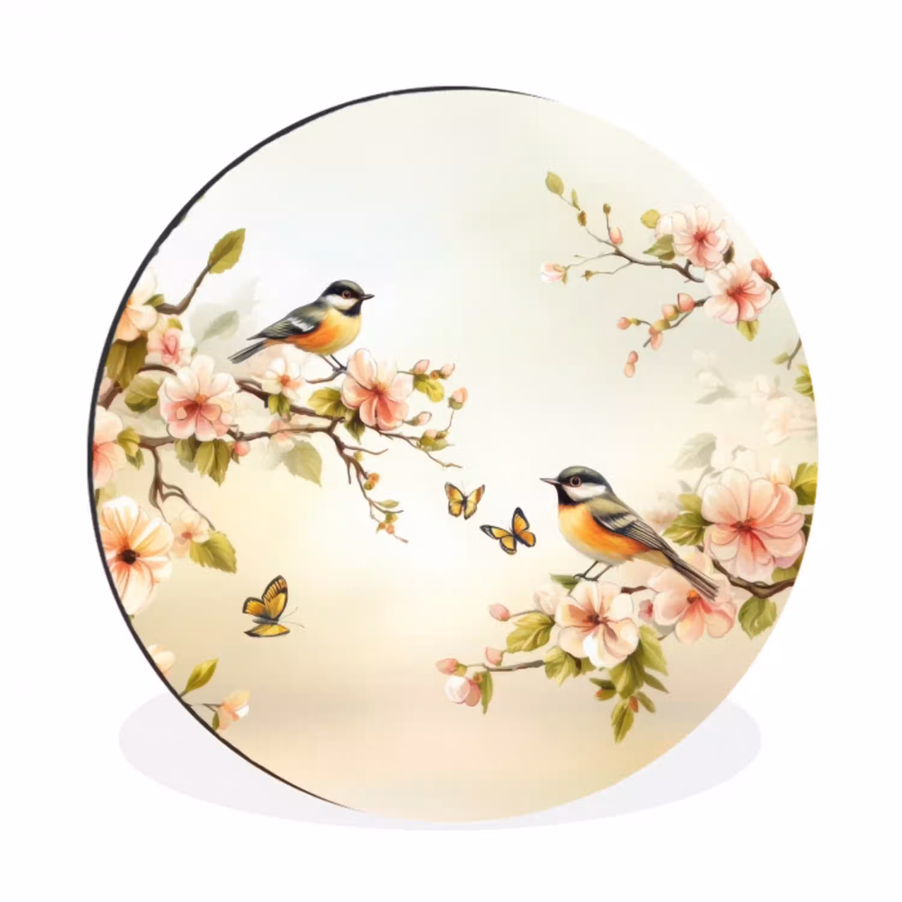 Takken - Bloemen - Vogeltjes - Roze Wandcirkel aluminium klein -3d