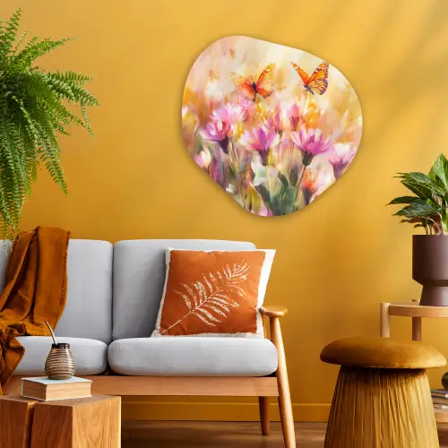 Vlinders - Oranje - Bloemen Wandcirkel Organisch Aluminium middel -sfeer4