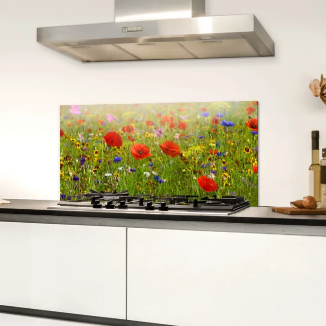 Lente - Bloemen - Rood - Klaproos - Gras - Groen Spatscherm Aluminium klein -sfeer4