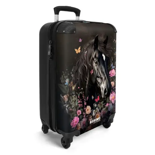 Zwart paard met witte bles en kleurrijke bloemen Koffer - NBS - Handbagage middel -productfoto_3d