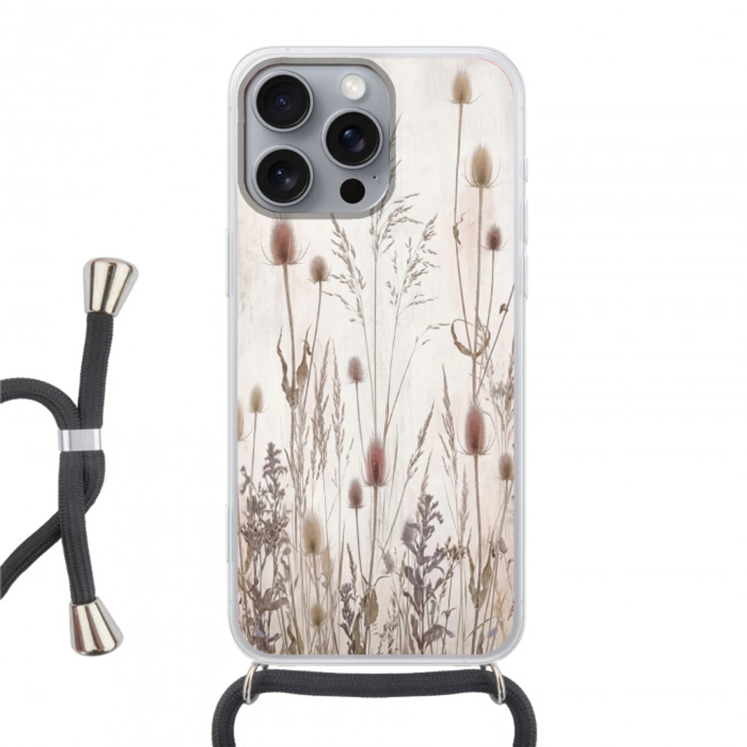 Weidebloemen - Design - Sepia Hoesje iPhone 16 Pro Max met koord klein -3d