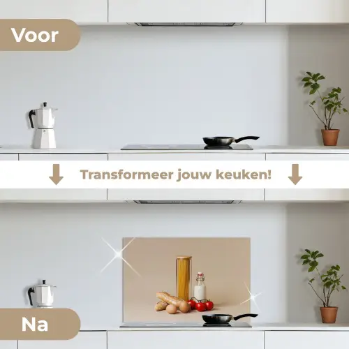 Spaghetti - Melk - Tomaten - Eieren - Brood keuken achterwand spatscherm klein -voor_na_NL