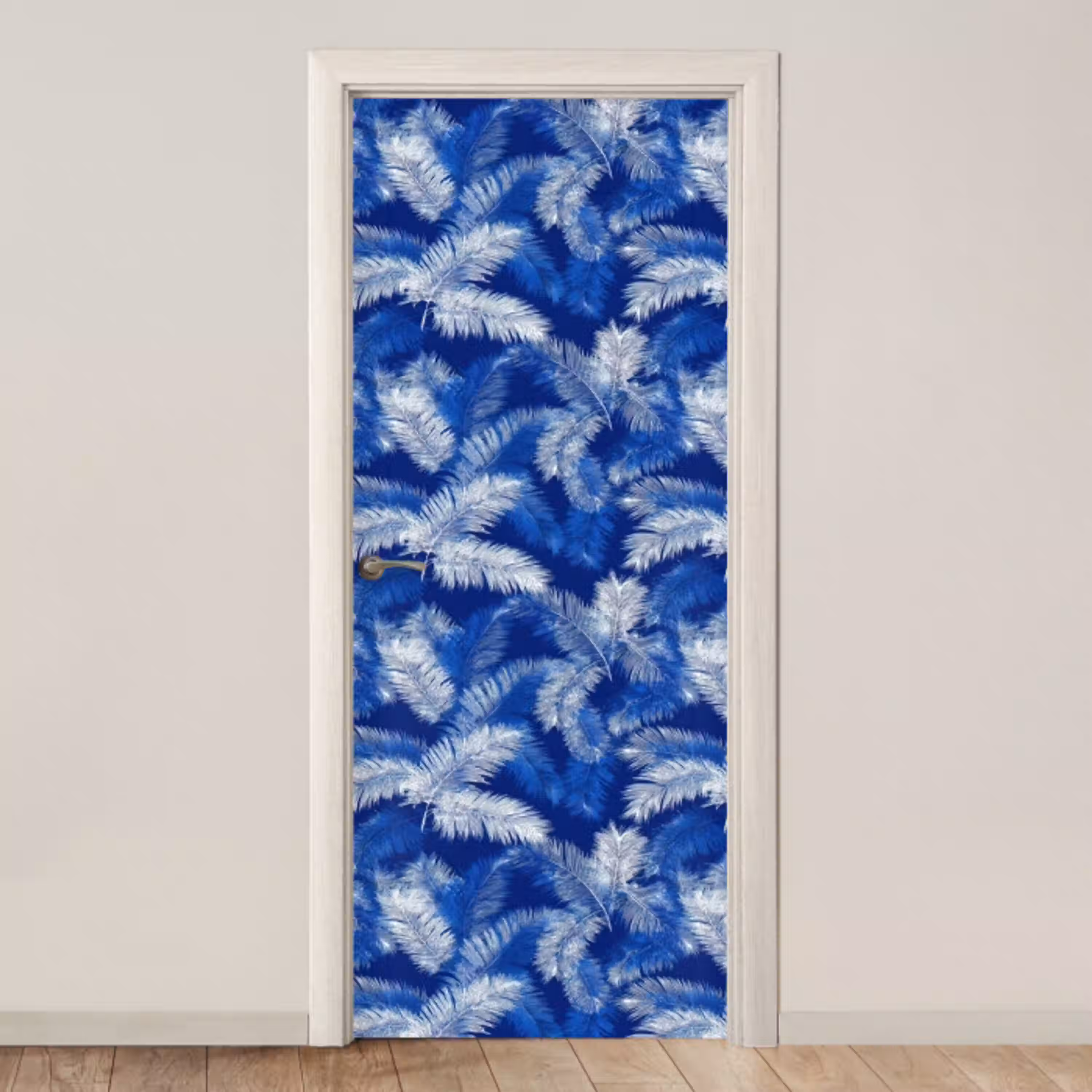 Palmblad - Patroon - Blauw deurposter klein 289 -3d_beige