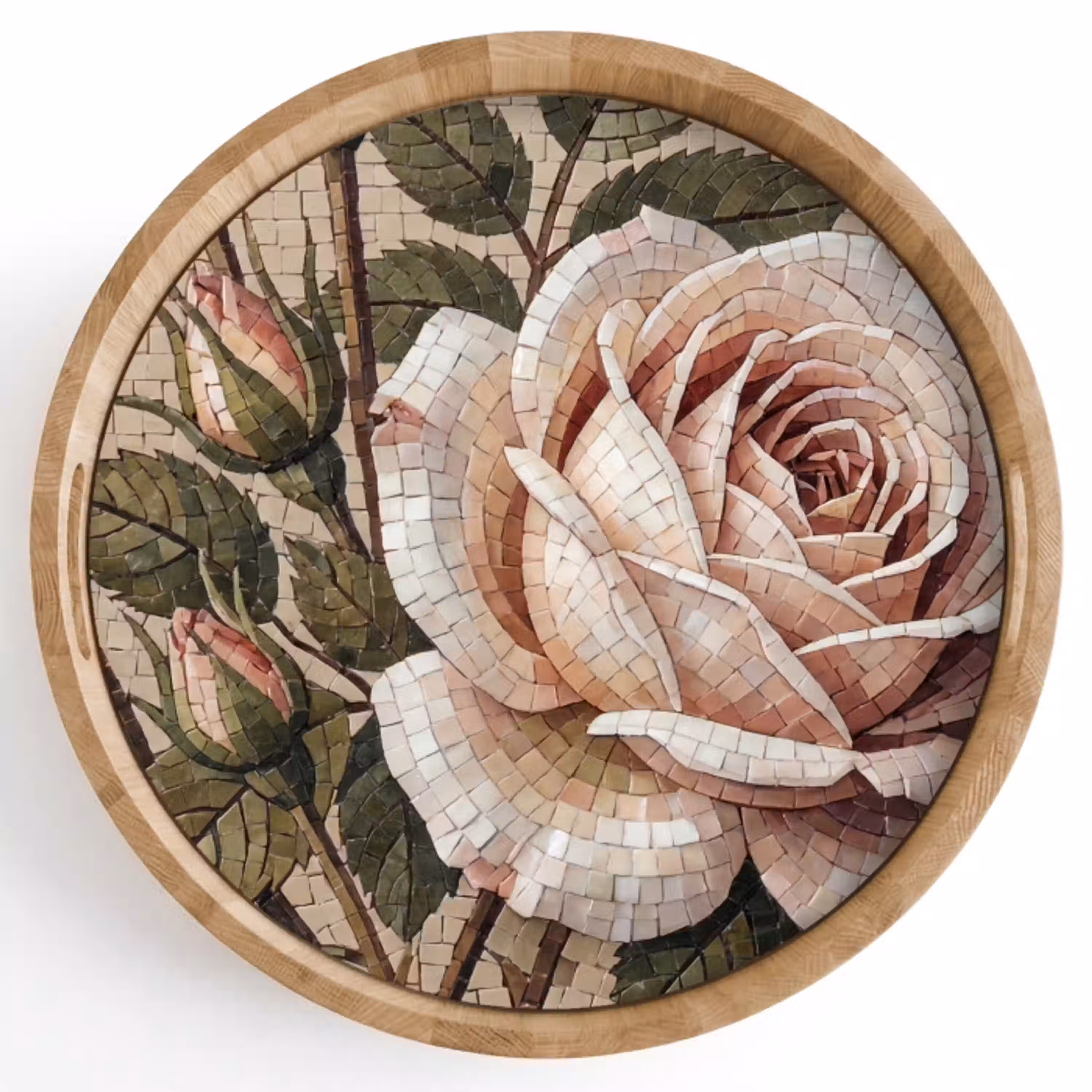 Roos - Mozaïek - Bloemen - Klassiek - Beige Dienblad Rond middel -z3d_shopping