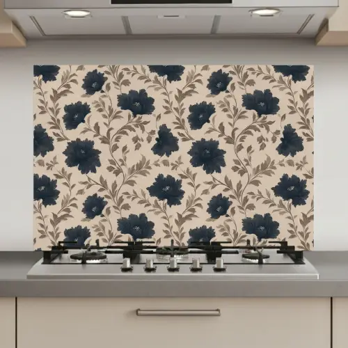 Motief - Bloemen - Zwart - Beige keuken achterwand spatscherm klein 900 -3d_website
