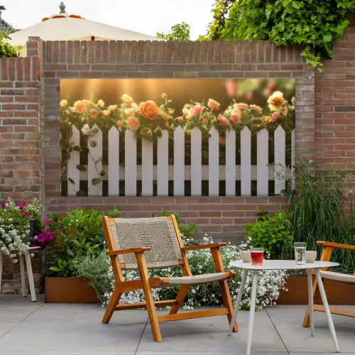 Rozen - Hek - Zonlicht Tuinposter op houten frame 2 cm dik xxl -sfeer3