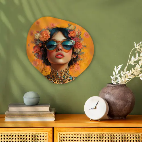 Vrouw - Bloemen - Aesthetic - Oranje Wandcirkel Organisch Forex 3mm klein -sfeer2