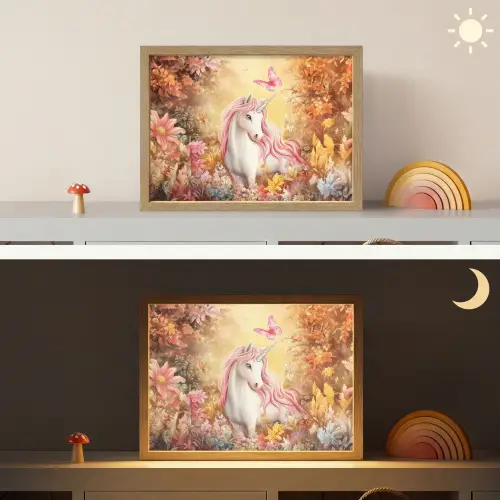 Eenhoorn - Bloemen - Vlinder - Roze Light Box met batterij (Wandlamp kind) middel -sfeer3_kind