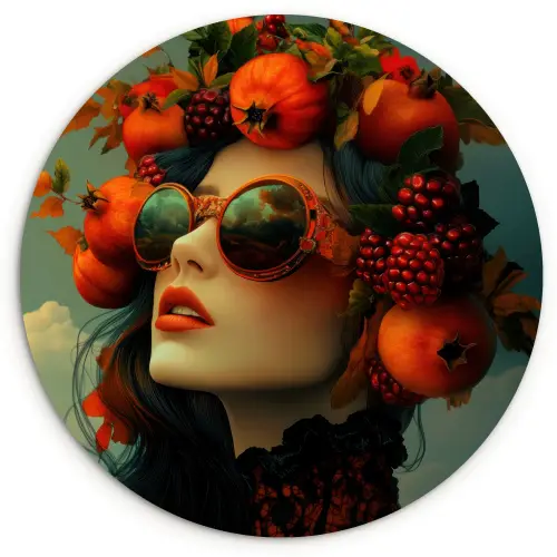 Vrouw - Granaatappel - Herfst - Zonnebril Wandcirkel kunststof plaat 5mm dik klein -3d