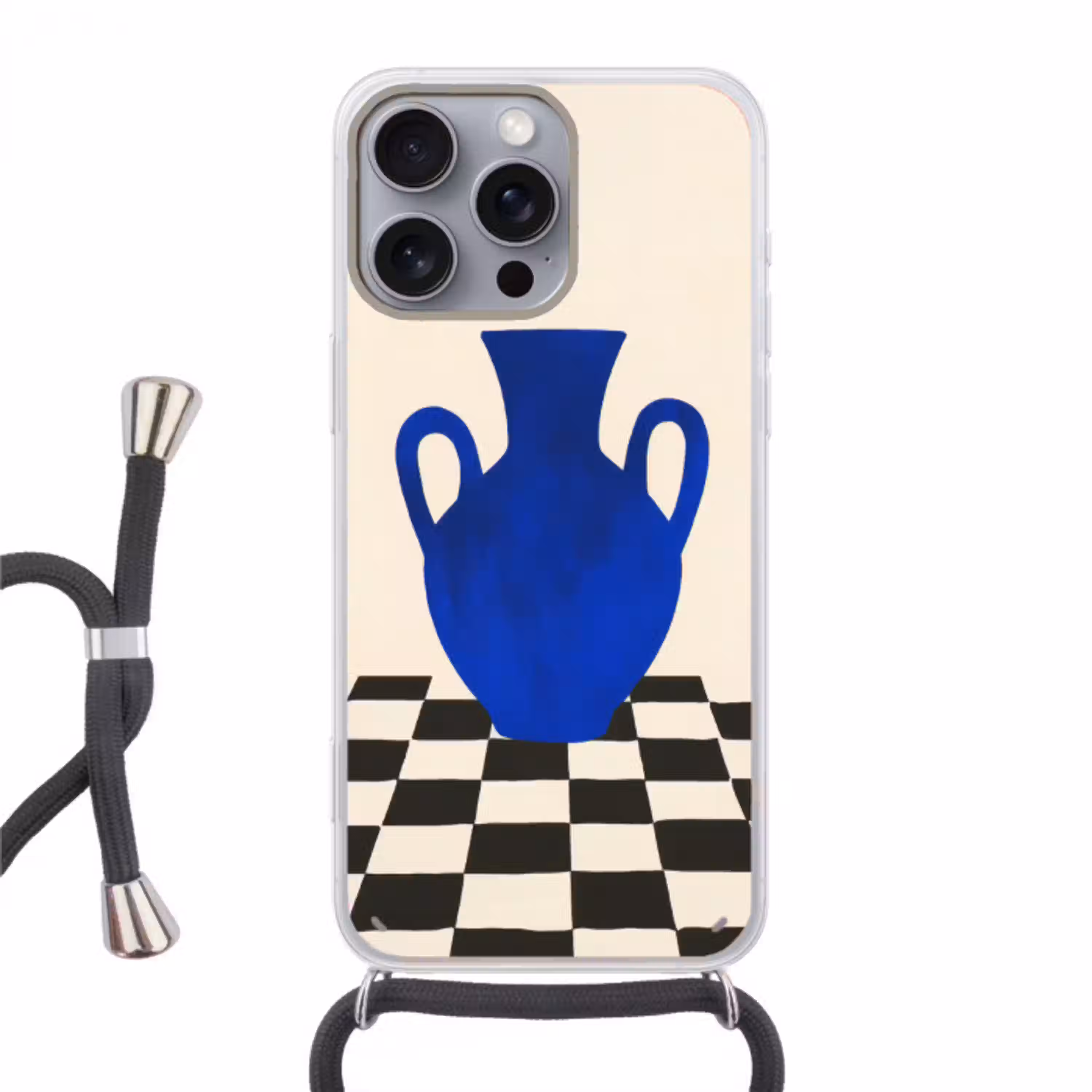 Vaas - Blauw - Geblokt - Modern Hoesje iPhone 16 Pro Max met koord klein -3d