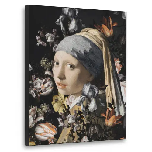 Meisje met de parel - Johannes Vermeer - Bloemen Textielframe zwart klein -3d