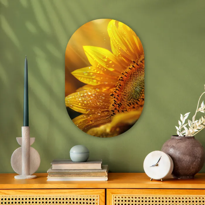 Zonnebloem - Dauwdruppels - Geel - Zonlicht Wandcirkel Ovaal Forex klein -sfeer2