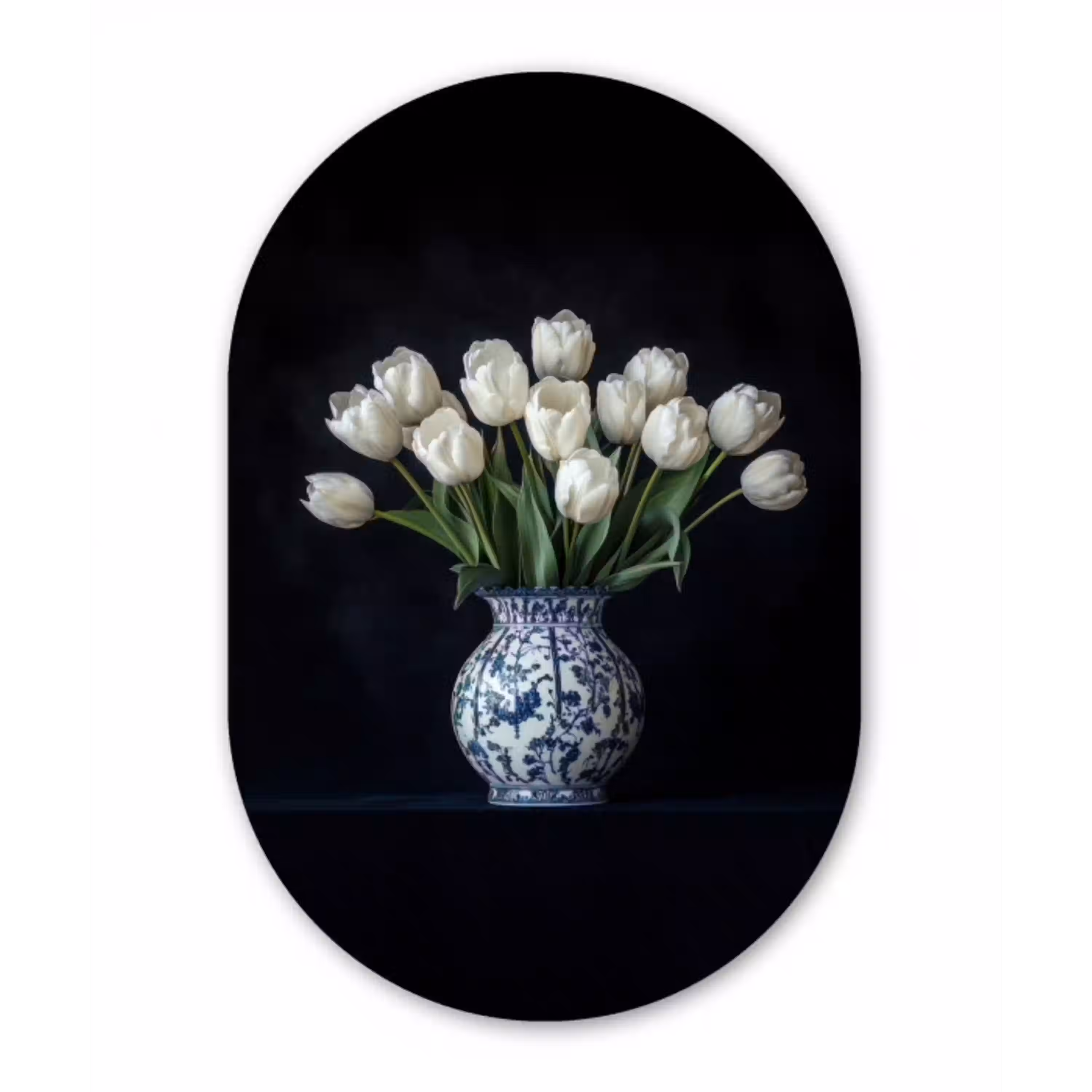 Wit - Bloemen - Tulpen - Vaas Wandcirkel Ovaal Aluminium middel -3d