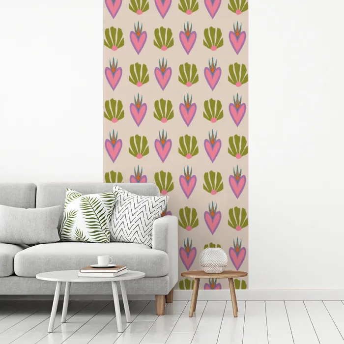 Patroon - Beige - Hartjes - Bloemen fotobehang vinyl groot 64 -woonkamer