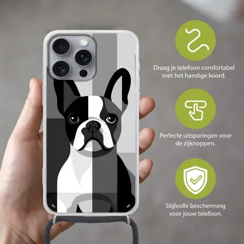 Buldog - Zwart - Abstract - Vlakken Hoesje iPhone 16 Pro Max met koord klein -sfeer2_NL