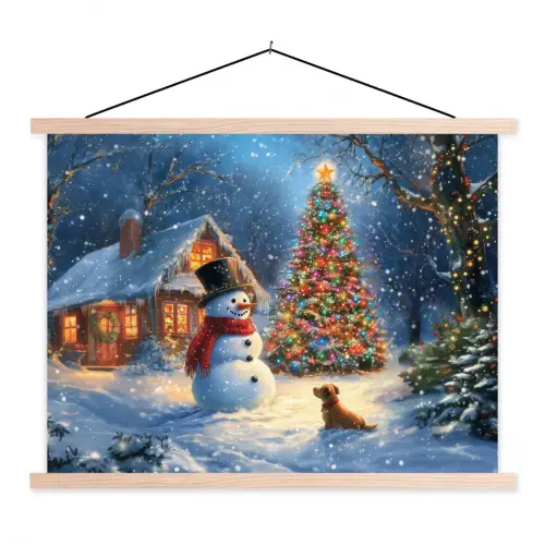 Kerstwonder - Winteravond - Kleurrijk textielposter latten blank klein -3d