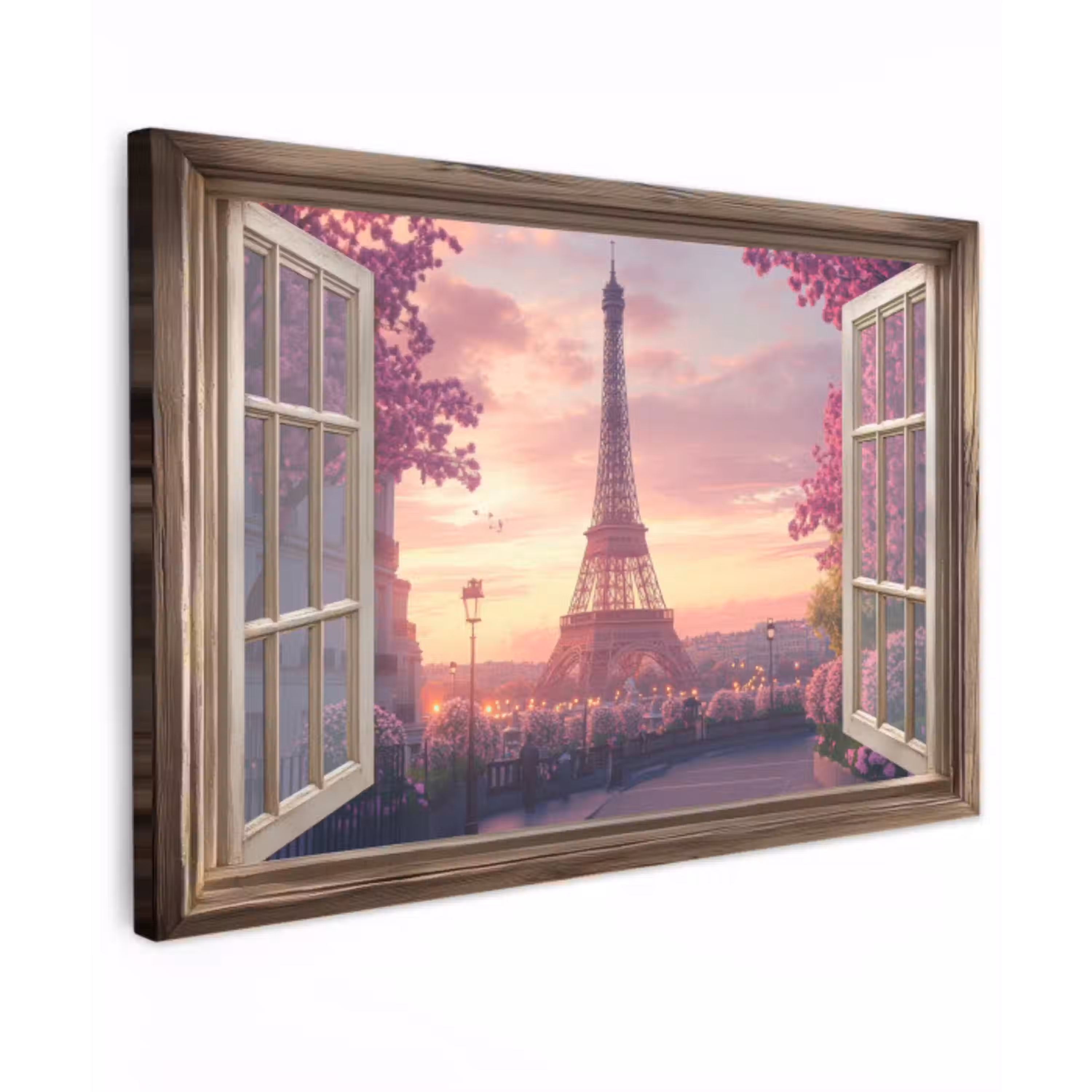 Doorkijk - Parijs - Eiffeltoren - Roze - Kersenbloesem Tuinposter op houten frame 2 cm dik klein -3d