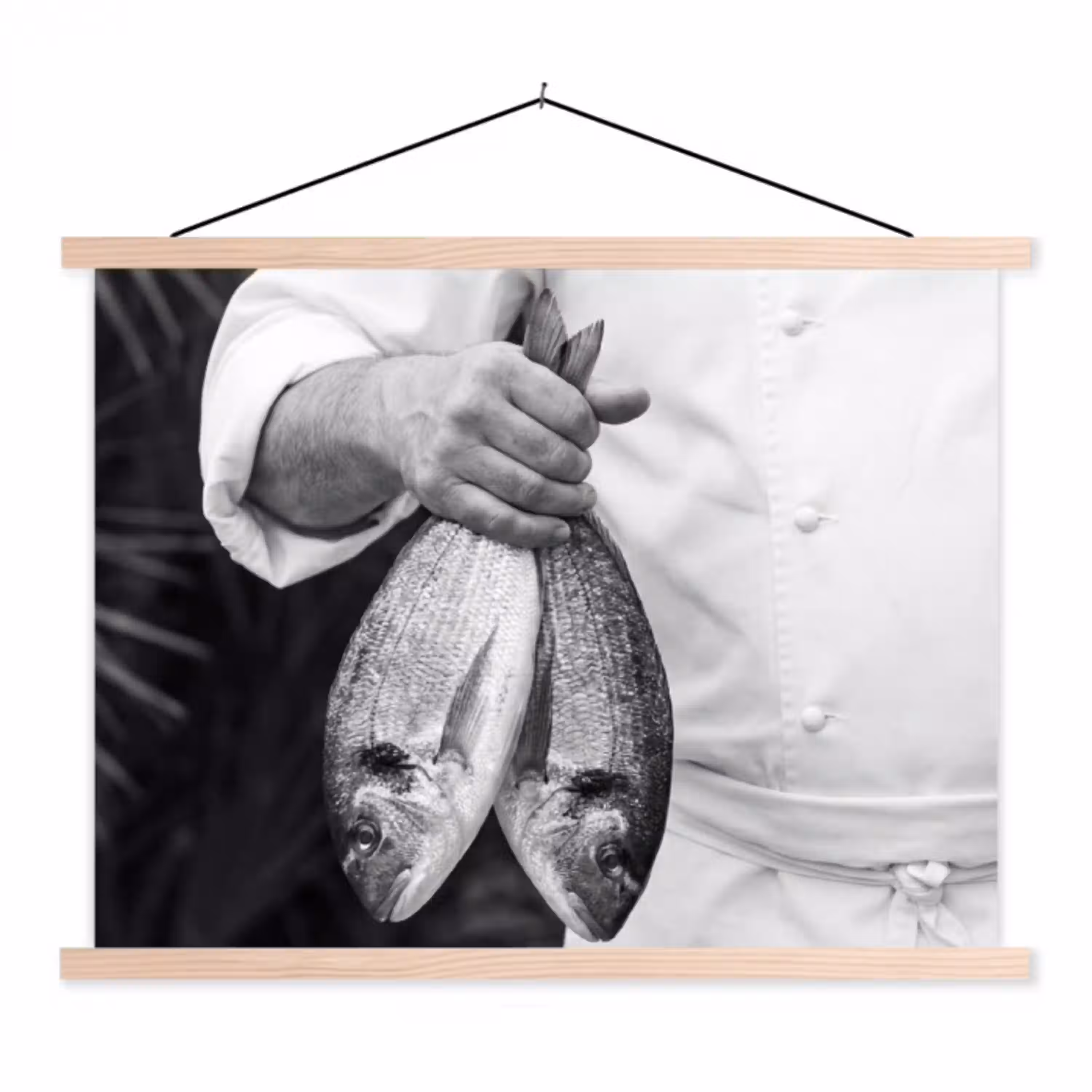 Vissen - Chef - Zwart - Wit textielposter latten blank klein -3d