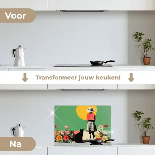 Retro - Meisje - Kat - Zon keuken achterwand spatscherm klein -voor_na_NL