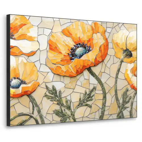 Klaprozen - Oranje - Mozaïek - Bladeren Textielframe zwart klein -3d