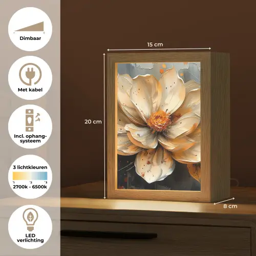 Bloemen - Goud - Kunst - Zwart - Modern Light Box met kabel (Tafellamp) klein -USP_NL