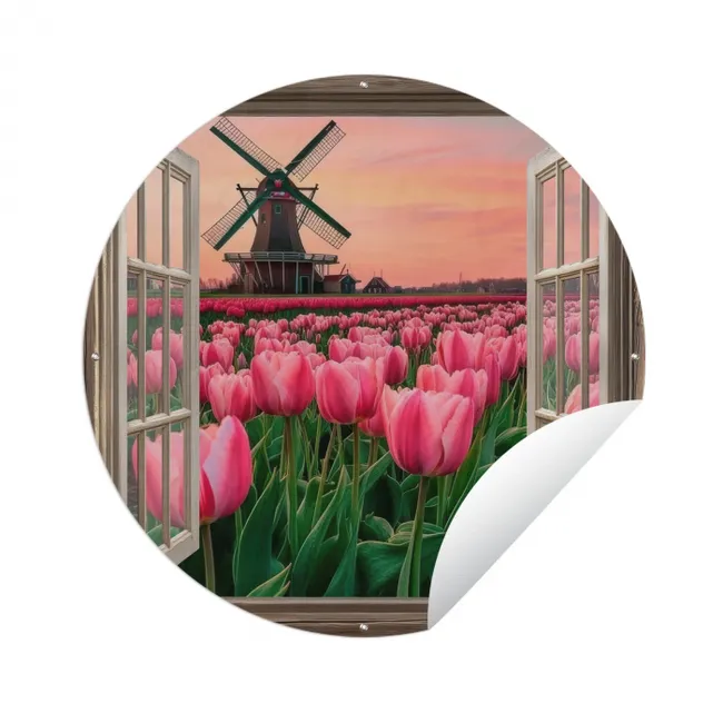 Doorkijk - Tulpen - Bloemen - Molen - Raam Wandcirkel tuinposter met ringen klein -3d