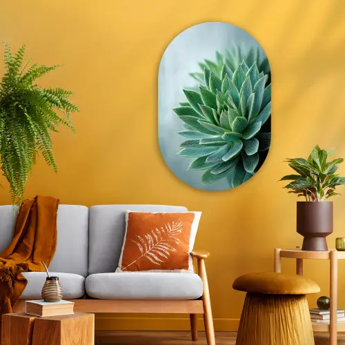 Vetplant - Bladeren - Groen - Wazig Wandcirkel Ovaal Glas middel -sfeer4