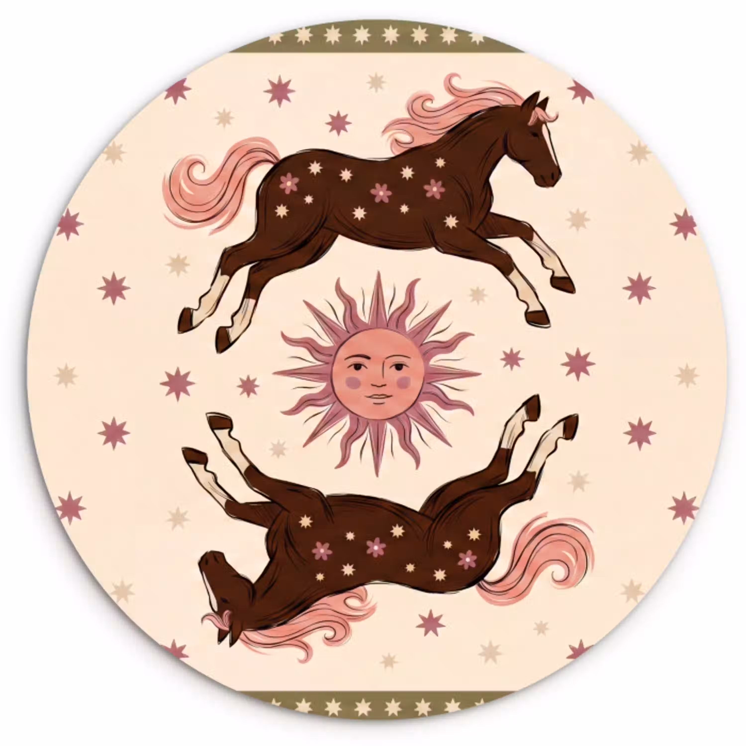 Paard - Zon - Mystiek - Illustratie - Roze Wandcirkel kunststof plaat 5mm dik klein -3d