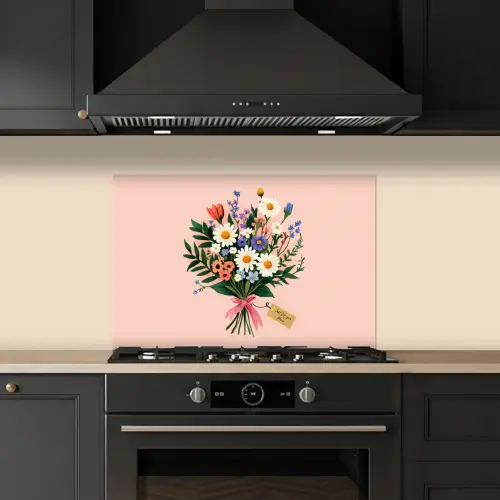 Margrieten - Boeket - Strikje - Roze keuken achterwand spatscherm klein -sfeer1
