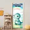 Niedlicher Dino unter Regenbogen im Aquarellstil. deurposter klein -sfeer4