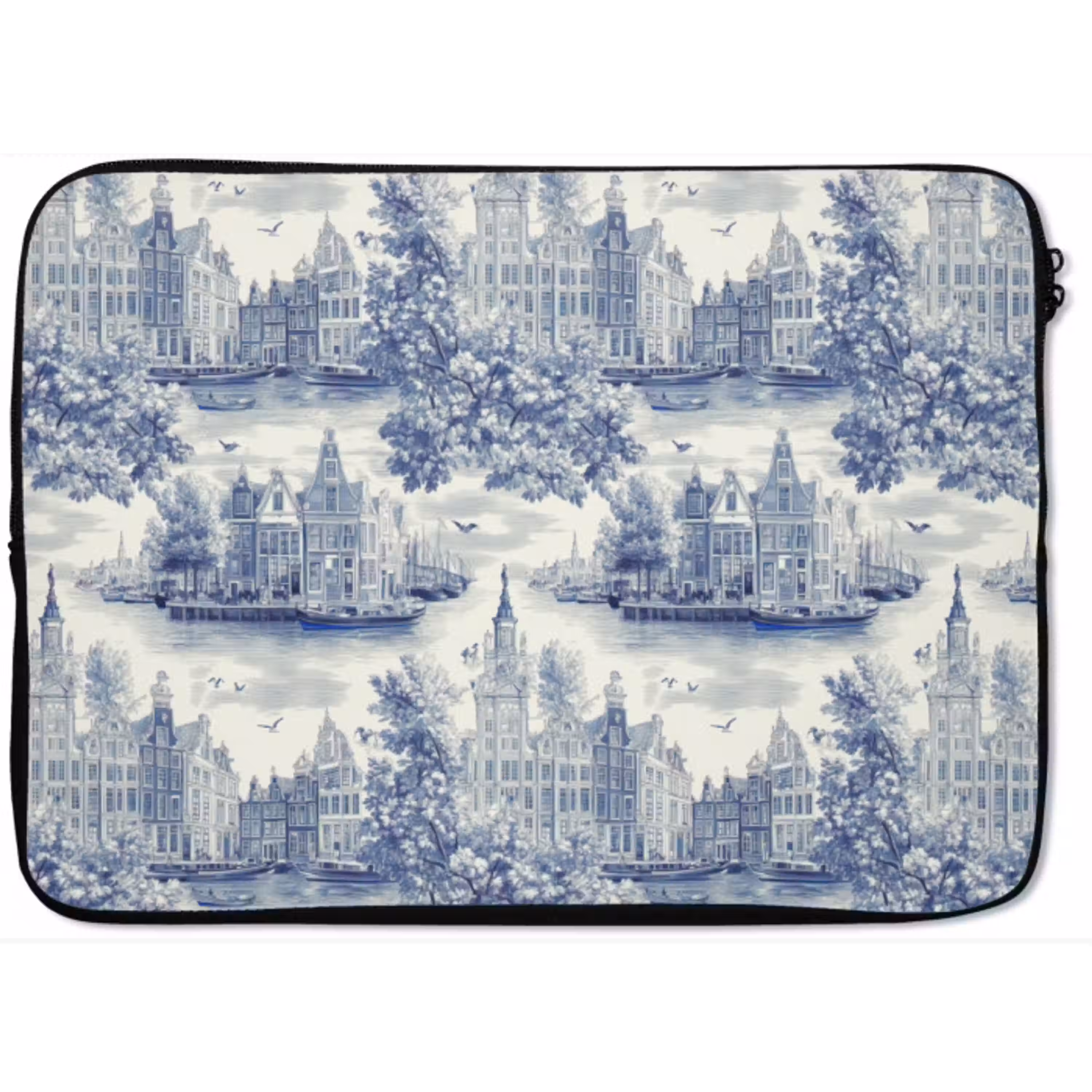 Huizen - Bomen - Water - Vogels - Blauw laptophoes neopreen klein 279 -zkaufland3dotto