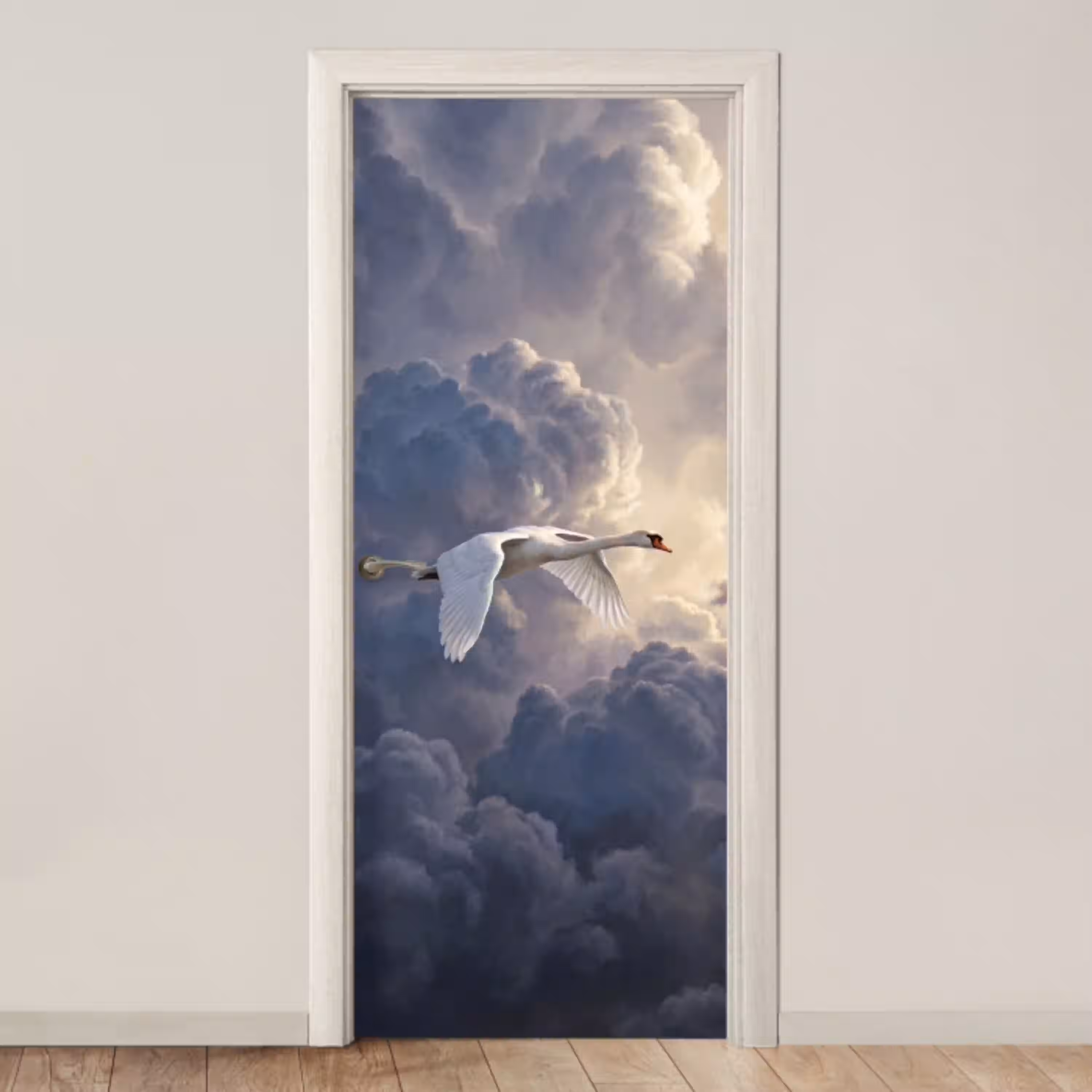 Vogel - Vliegend - Natuur - Wit - Wolken deurposter klein -3d_beige