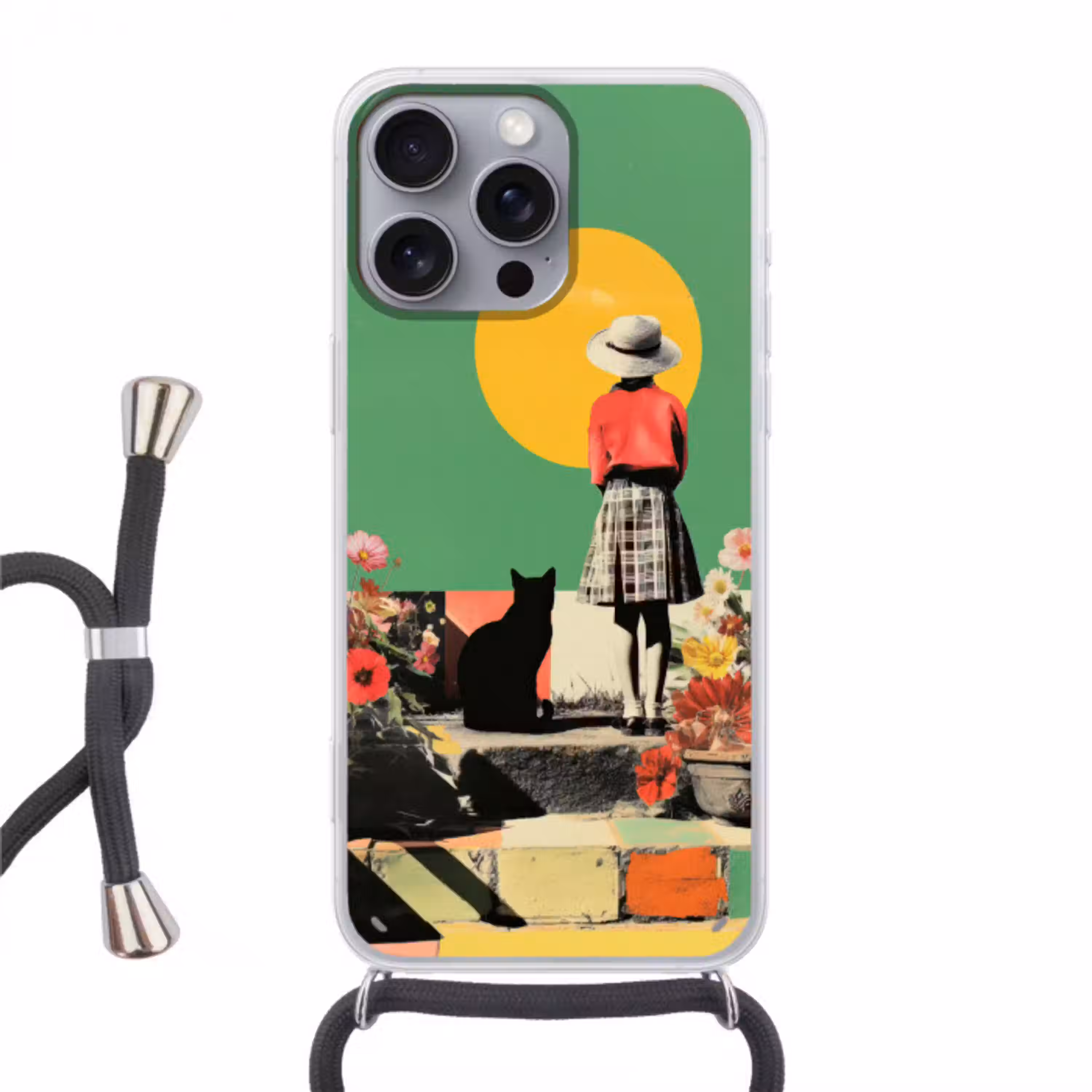Retro - Meisje - Kat - Zon Hoesje iPhone 16 Pro Max met koord klein -3d