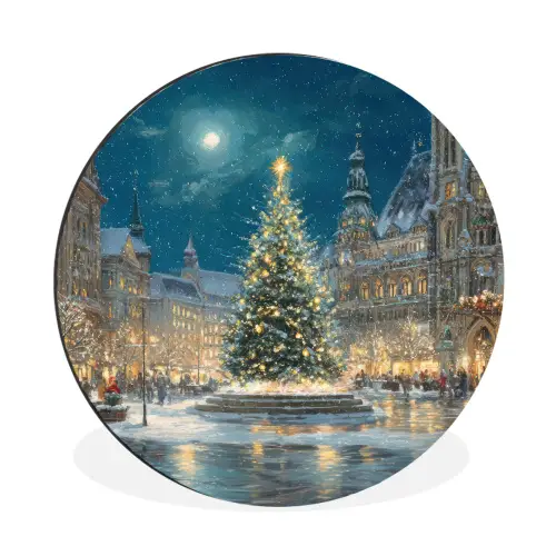 Kerstnacht - Stadsplein - Meerkleurig Wandcirkel aluminium klein -3d