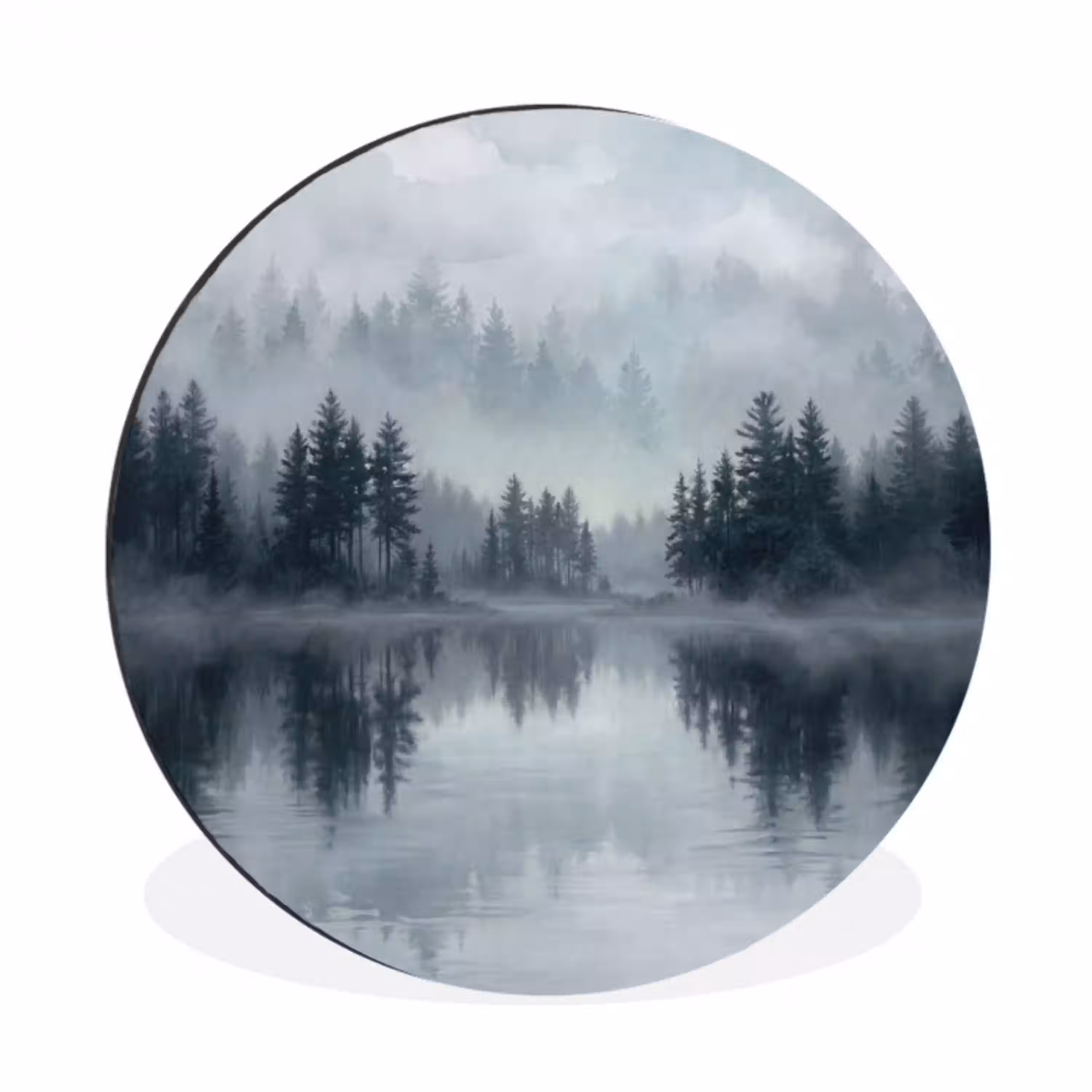 Bos - Meer - Mist - Natuur - Grijs Wandcirkel aluminium klein -3d