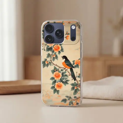 Vogel - Tak - Bloemen - Oranje Telefoonhoesje iPhone 17 Pro klein -sfeer2