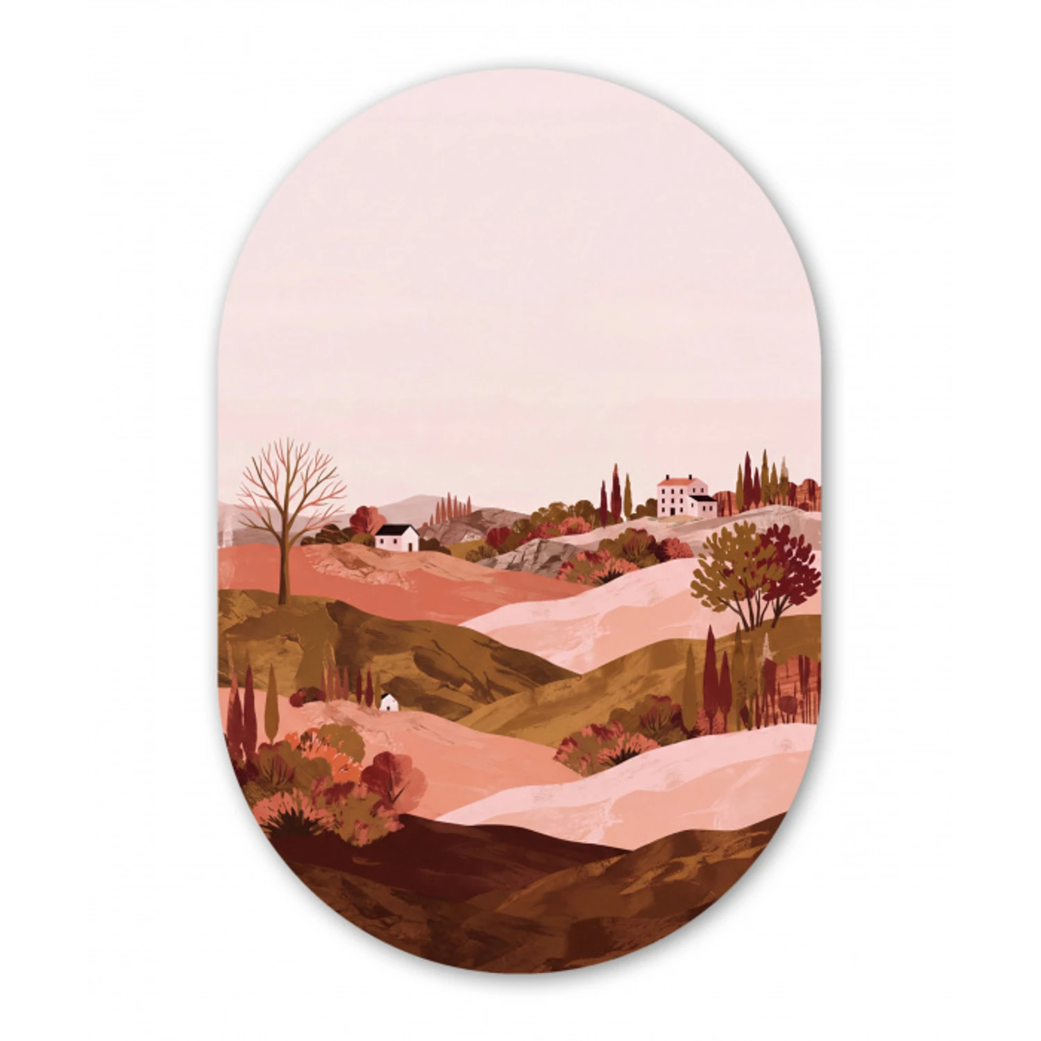 Heuvellandschap - Grafisch - Terracotta Wandcirkel Ovaal Aluminium middel -3d