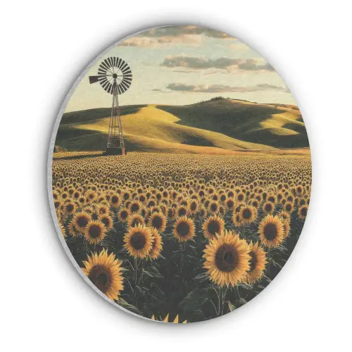 Zonnebloem - Veld - Windmolen Akoestische PET Vilt - Rond klein -3d