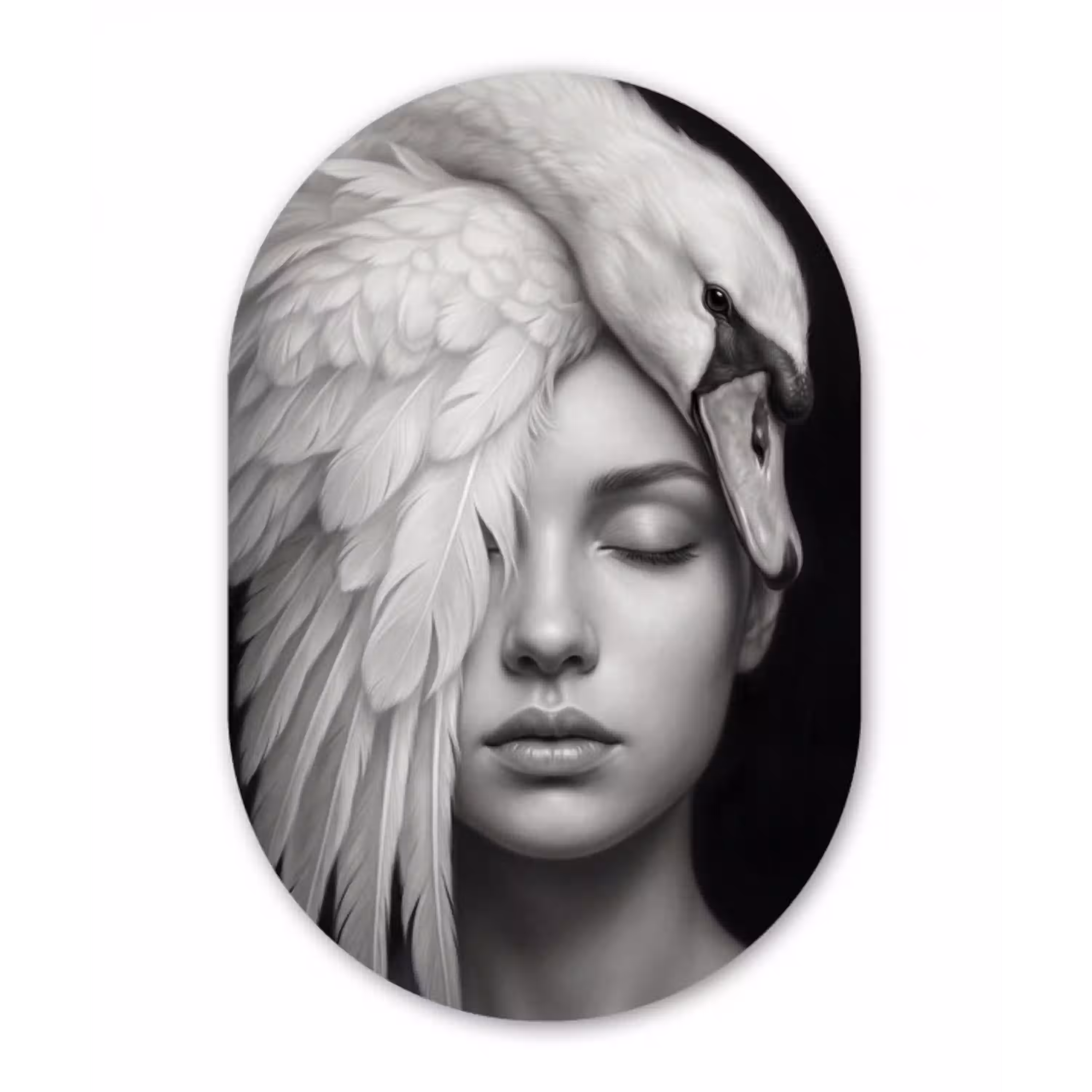 Portret - Zwaan - Zwart - Wit Wandcirkel Ovaal Aluminium middel -3d