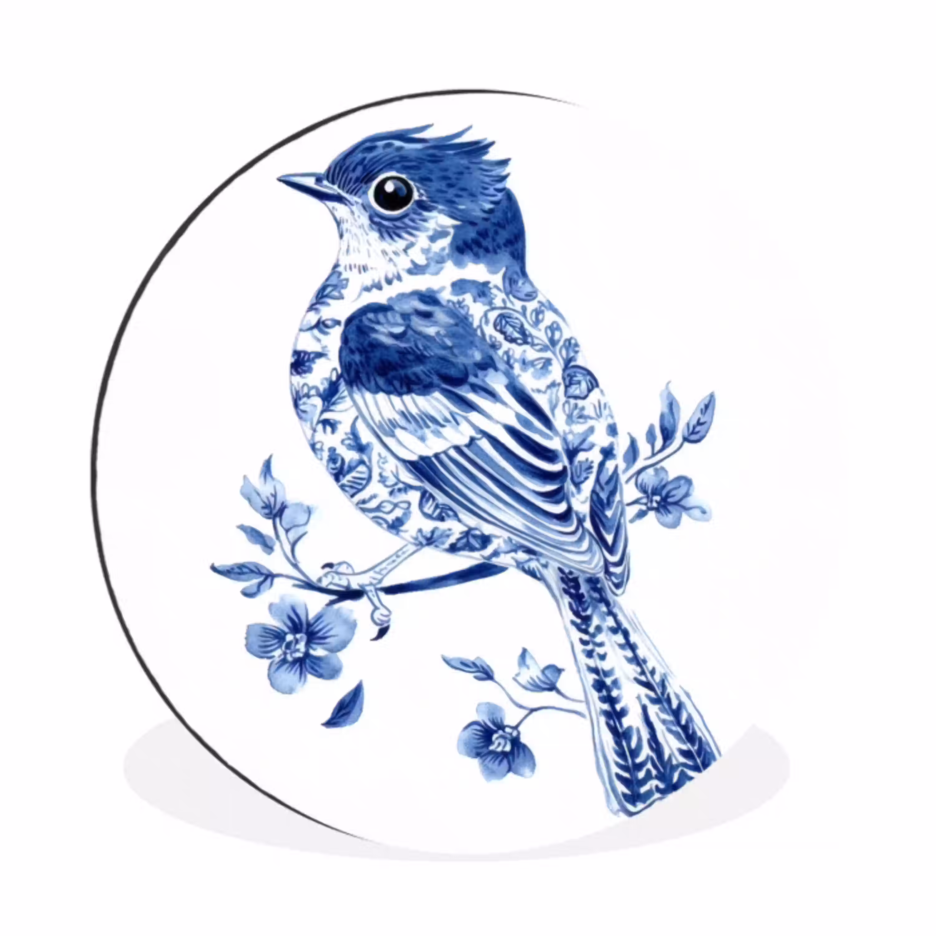 Vogel - Delfts blauw - Illustratie - Bloemen Wandcirkel aluminium klein -3d