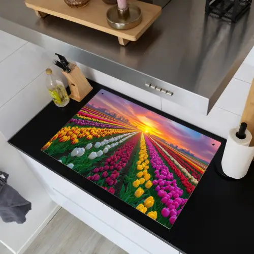 Tulpenveld - Zonsondergang - Kleurrijk Inductie beschemer met haakjes klein -sfeer1